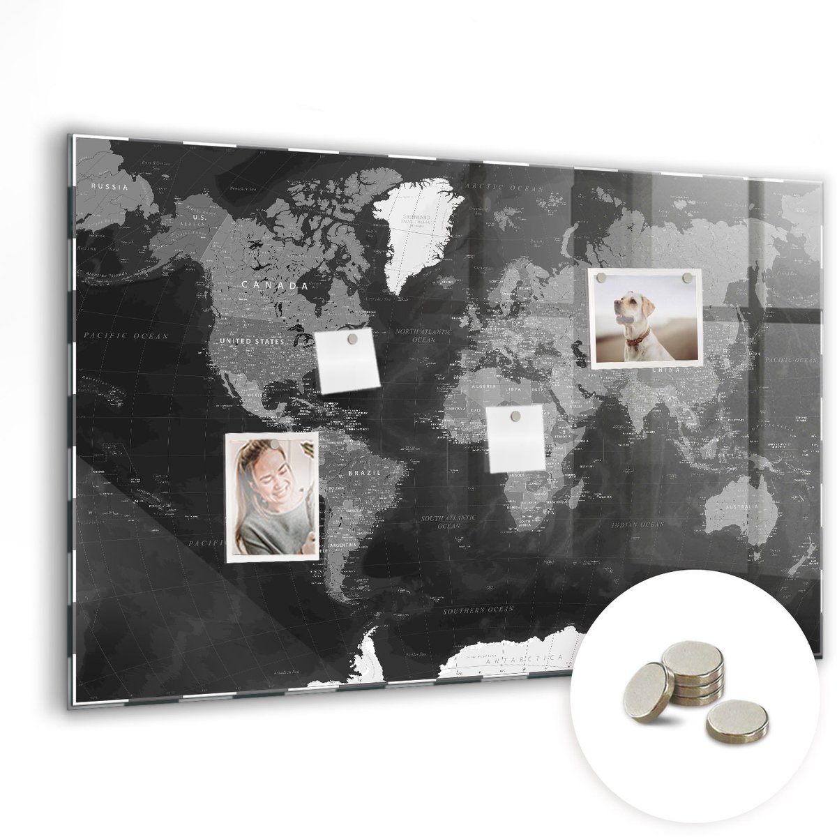 Coloray Glazen Magneetbord - Magnetisch Bord Wereldkaart in aquarel - 90x60 cm - Zwart-wit Magneetbord - Magnetic Board - Magneetbord Design