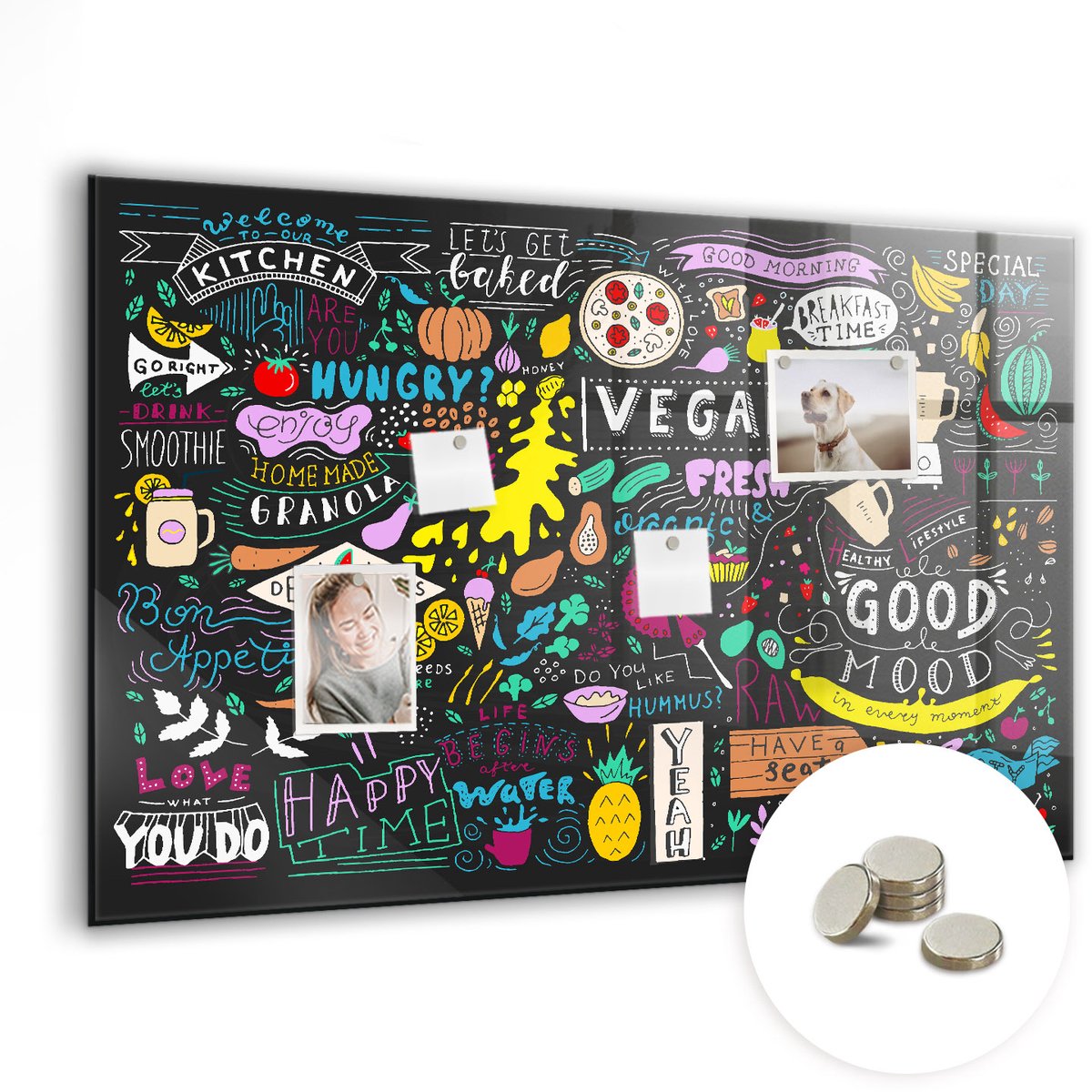 Coloray Glazen Magneetbord - Magnetisch Bord Eet smakelijk inscriptie - 90x60 cm - Veelkleurig Magneetbord - Magnetic Board - Magneetbord Design