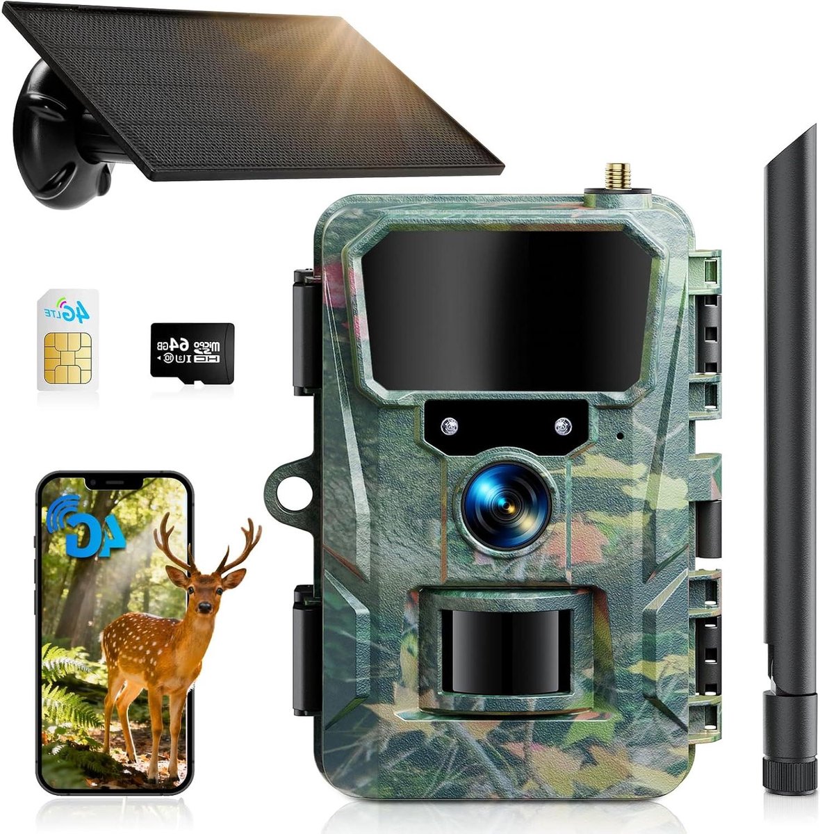 Wildcamera met App - Natuurcamera Observatie - Dieren Leven Vastleggen - Continue Stroomvoorziening - 2K HD 48MP - Camouflage