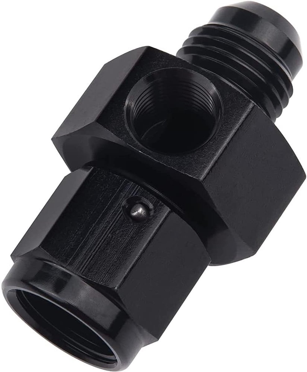 SnelShoppen - Brandstofdruk Aftap Fitting, Zwart Aluminium Legering, AN6/AN8/AN10 Mannelijk naar -6/-8/-10 Vrouwelijk met 1/8" NPT Manometerpoort - Pe