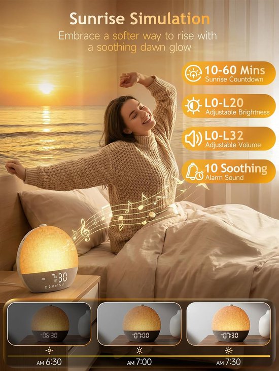 Wekker met Licht - Natuurlijk Wakker Worden - Rustig Ontwaken - Zonsopgang Simulatie - 179 cm Breed - Geel — afbeelding 2