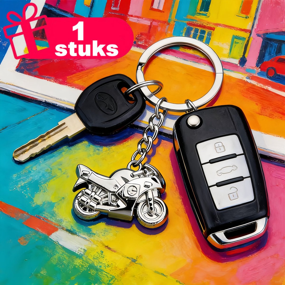 Decopatent - Premium Keychain - Metalen Sleutelhanger Motor - Sportmotor Keychain - Luxe Sleutelring - Cadeau voor Motorrijders en Motorliefhebbers - Zilverkleurig