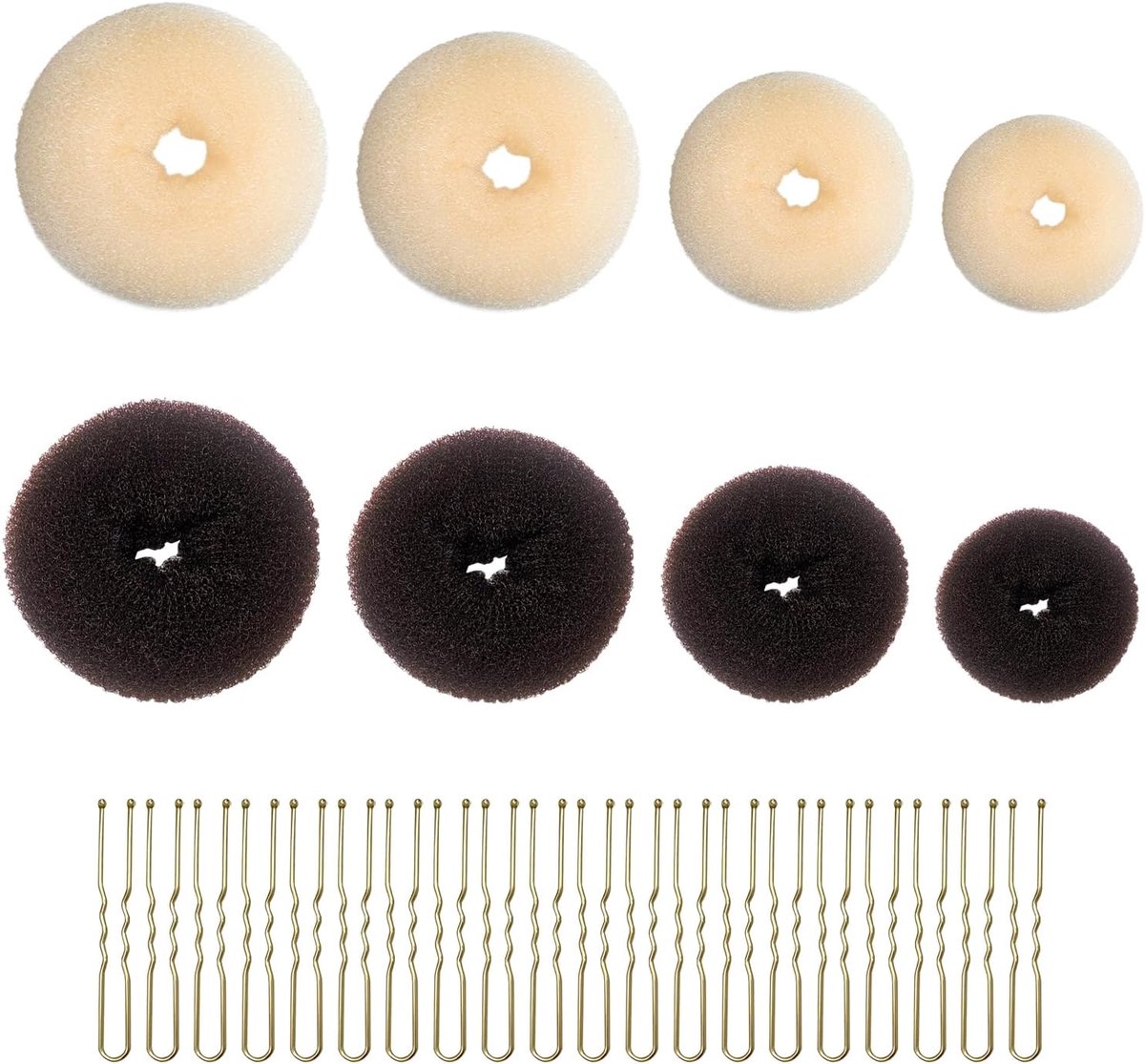 SnelShoppen - 8 Stuks Donut Haarclips met 20 Stuks U-Vormige Clips - Mini Donut Dansaccessoires - Donkerbruin en Beige - Voor Feest en Dagelijks Gebru