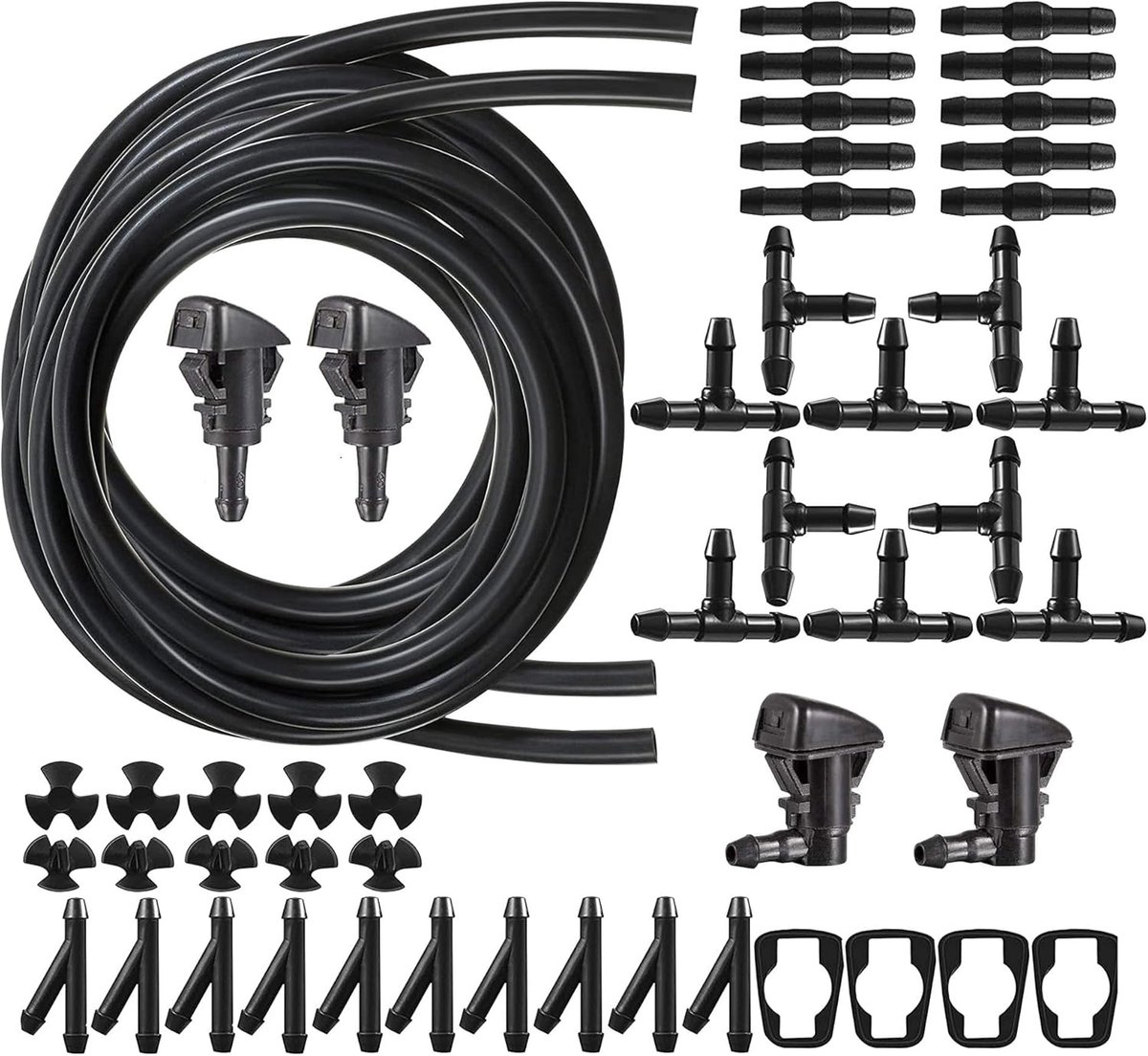 SnelShoppen - 2 x 4 m Universele Ruitensproei Slang Set, Wiper Water Slang, Reparatieset, Auto Slang + 30 Stuks Slangverbindingen + 4 Spuitmonden