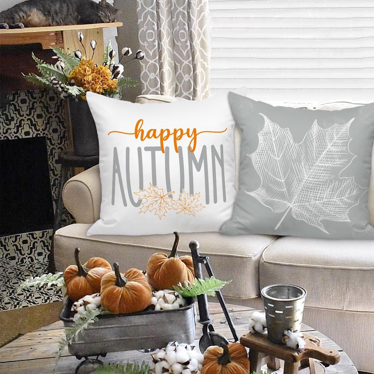 SnelShoppen - Set van 4 Herfst Kussenhoezen 40 x 40 cm met Esdoornblad en Pompoen - Decoratieve Seizoens Kussens voor Boerderij, Thanksgiving, Hallowe