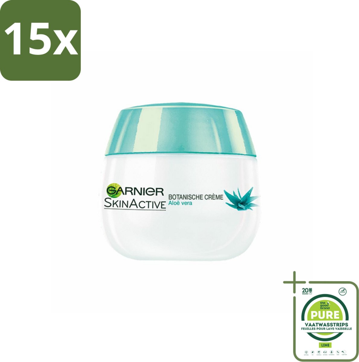 15 x Garnier - SkinActive - Botanische Dagcrème - Aloë Vera - Voor ieder Huidtype - 50 ml - Grootverpakking - Dagcrème - Aloë Vera - Natuurlijke Dagcrème - Hydraterende Dagcrème - Gevoelige Huid