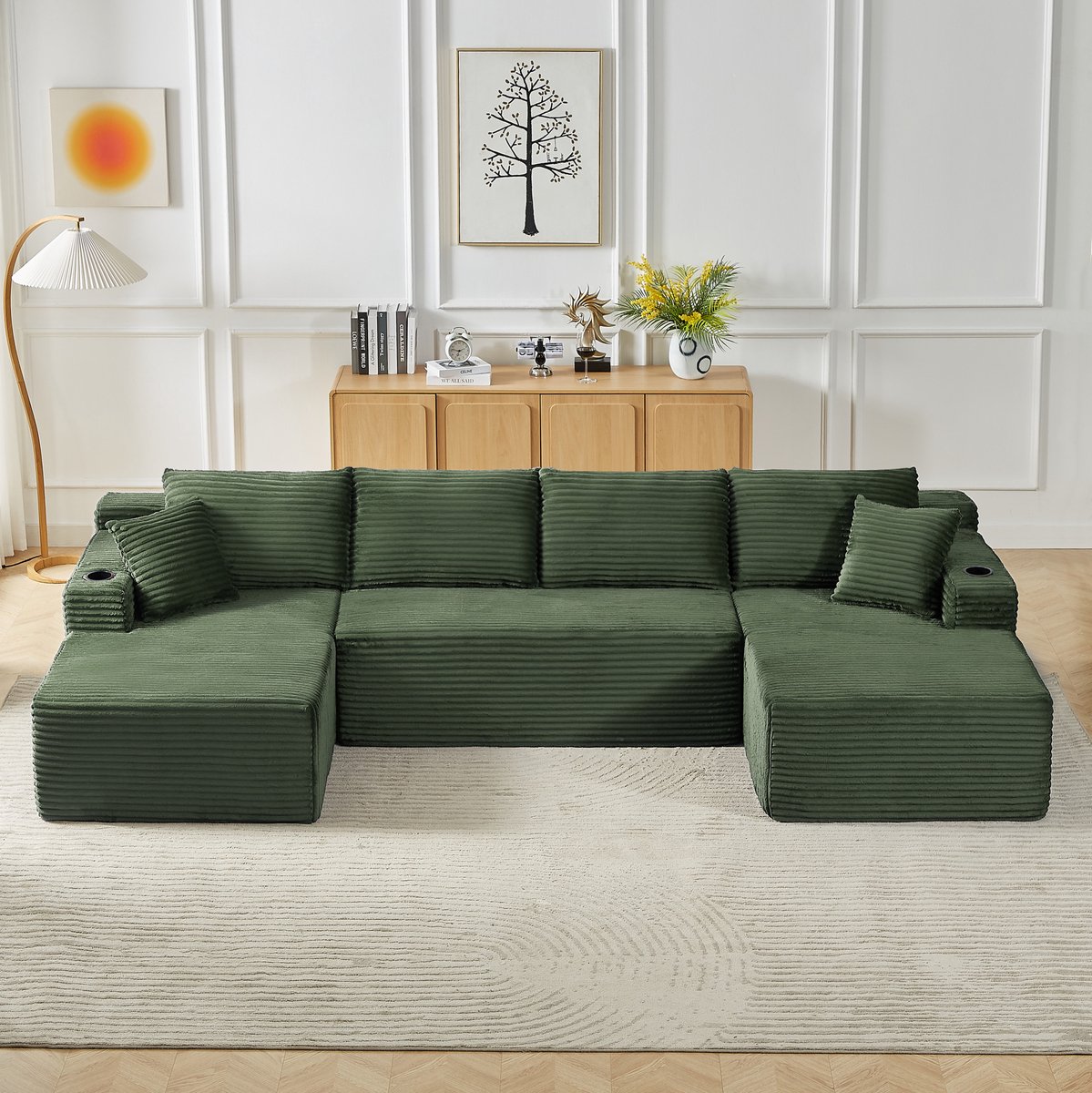 FloraGrace U-bank – 6-Zits Modulaire Bank – Diepe Zit, Zonder Montage & Met Flexibele Opstelling – Voor Woonkamer – Ribstof – Groen