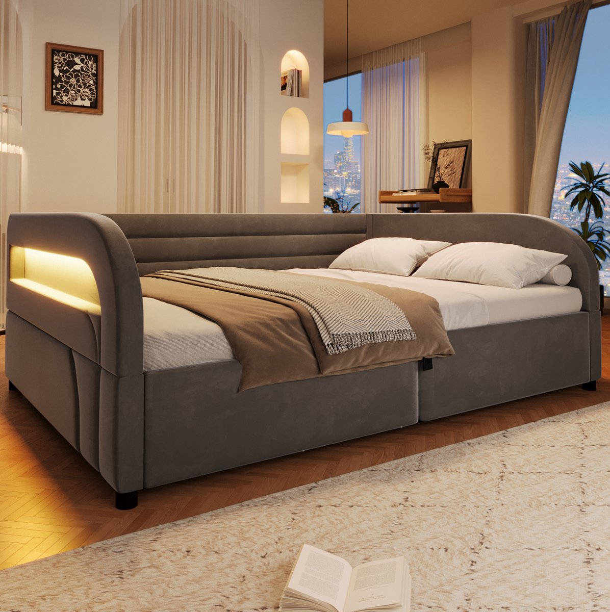 MIVRAY Gestoffeerd Bed 140x200 cm Zonder Matras Met Hydraulische Opbergruimte En LED Verlichting Voor Slaapkamer Flanel Grijs