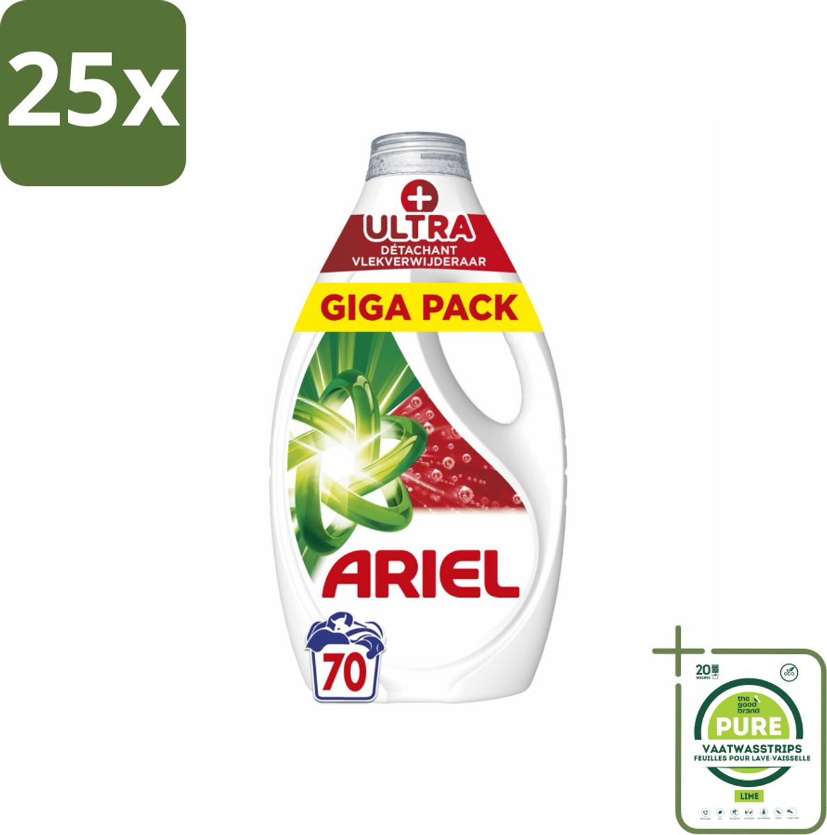 25 x Ariel - Vloeibaar Wasmiddel - +Ultra Vlekverwijderaar - 70 Wasbeurten - 3150 ml - Grootverpakking - Ariel Wasmiddel - Vlekkenverwijderaar - Wasmiddel Vloeibaar - Wasmiddel Voor Koude Was - Duurzaam Wasmiddel