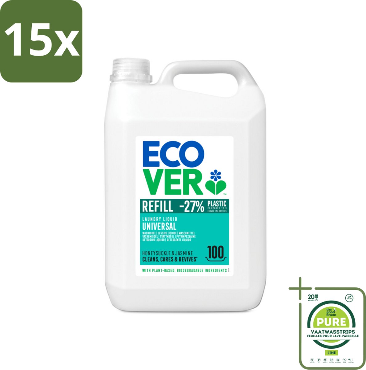 15 x Ecover - Vloeibaar wasmiddel - Universeel - Kamperfoelie & Jasmijn - 5 liter - 100 wasbeurten - Grootverpakking - Wasmiddel - Biologisch Wasmiddel - Plantaardig Wasmiddel - Vlekkenverwijderaar - Wasmiddel Kamperfoelie
