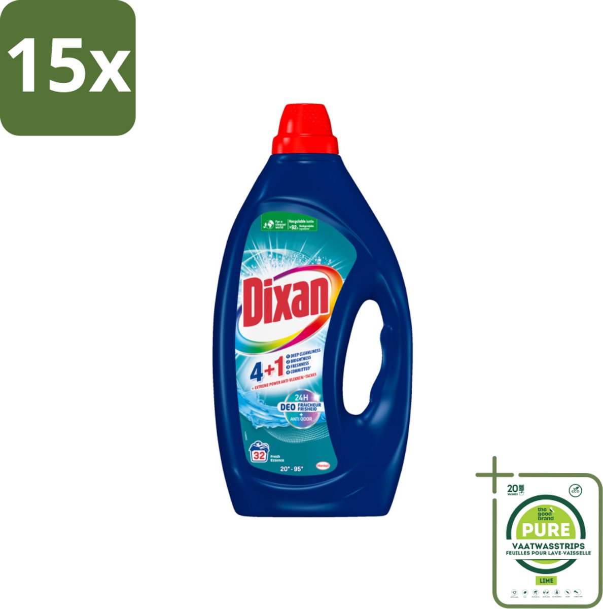 15 x Dixan - Vloeibaar wasmiddel - Fresh Blue - 32 wasbeurten - Grootverpakking - Dixan - Wasmiddel - Vloeibaar Wasmiddel - Frisse Geur - Vlekken Verwijderen