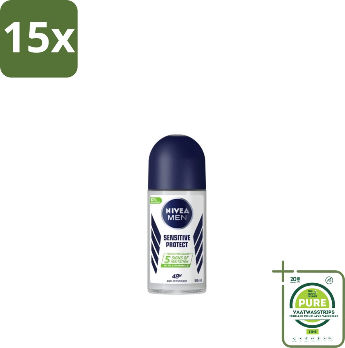 15 x NIVEA MEN - Deodorant Roller - Sensitive Protect - 50 ml - Grootverpakking - Gevoelige Huid - Anti-transpirant - Zweetbehandeling - Okselhuid - Deodorant