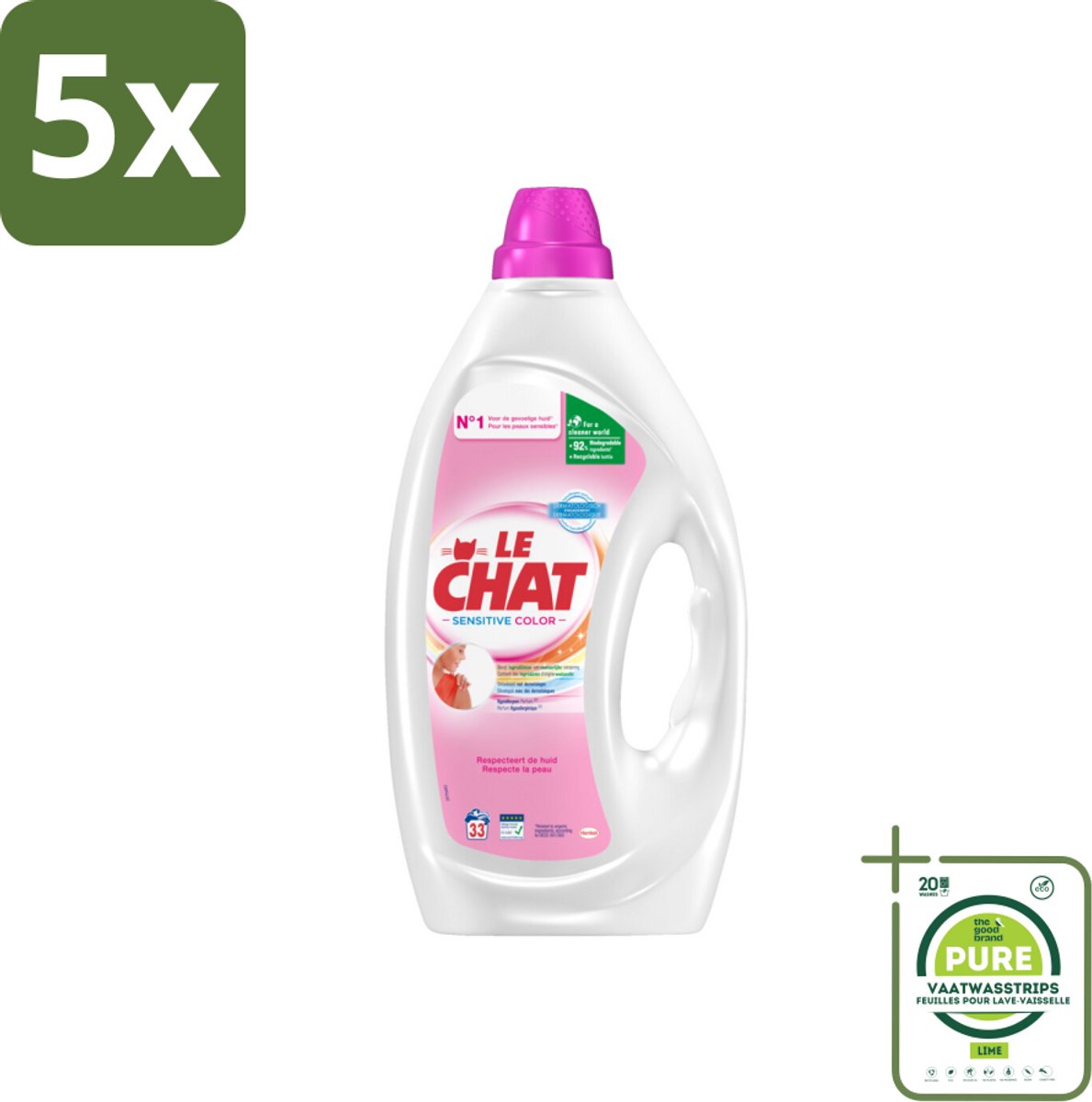 5 x Le Chat – Vloeibaar Wasmiddel – Sensitive Color – 1,485 L - Grootverpakking - Gevoelige Huid - Hypoallergeen - Wasmiddel Voor Gekleurde Kleding - Schone Was - Zachte Was