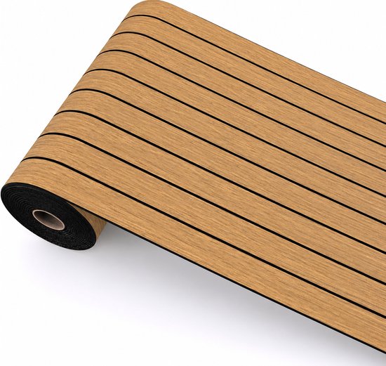 Rouleau de panneaux autocollants aspect bois avec rayures noires, en gros plan.
