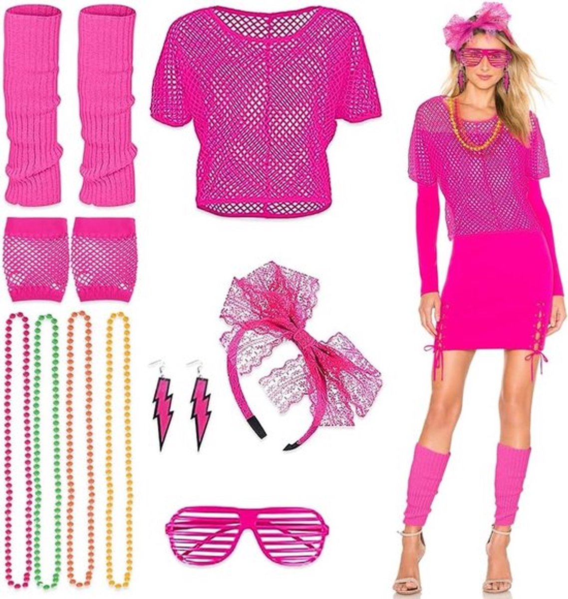 80s verkleedkostuum-accessoires voor vrouwen - 10-delige set met visnetshirt, neonbril, haarband, ketting, handschoenen en beenwarmers voor Halloween en feestjes
