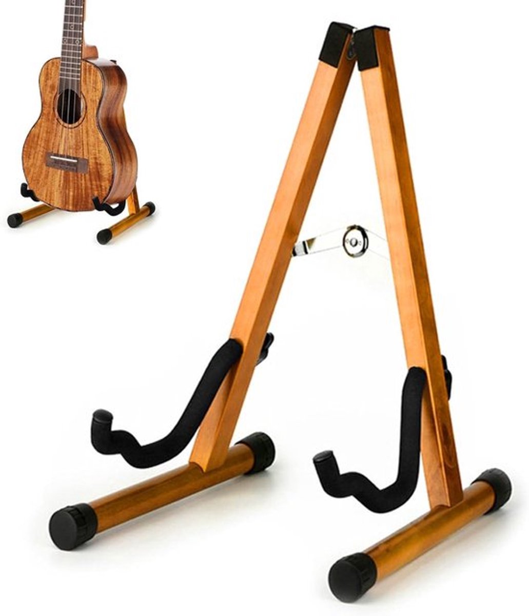 Vouwbare houten gitaarstandaard, stevige universele vloerstandaard voor elektrische gitaren, basgitaren, cello's, banjo's en ukeleles, ruimtebesparend en antislip ontwerp