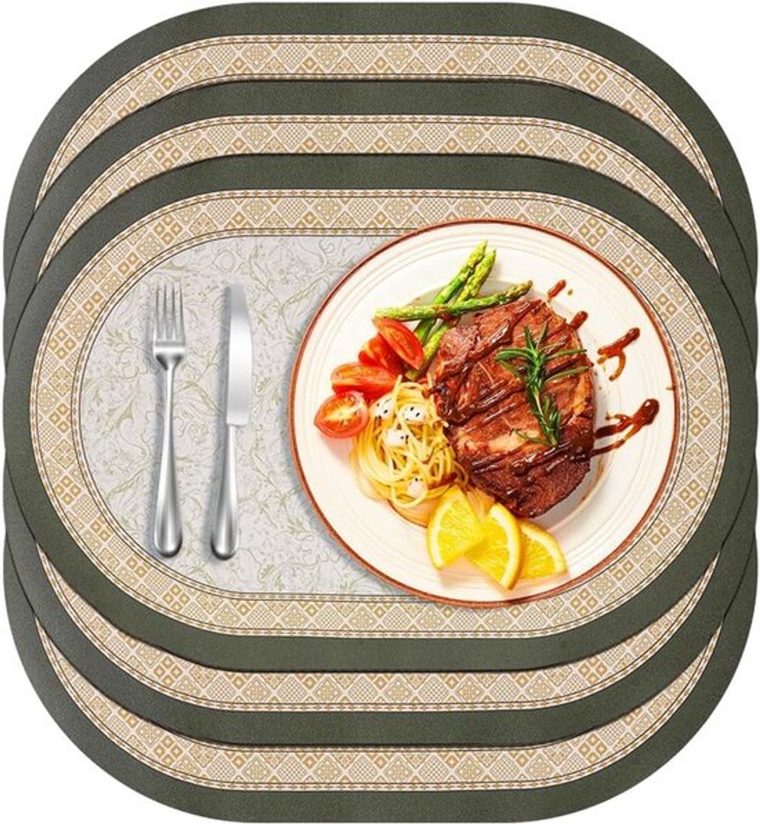 Set van 6 ovale neplederen placemats, hittebestendige en antislip onderleggers voor keuken en eetkamer, dubbel-laags met vlekbestendige coating en eenvoudig onderhoud