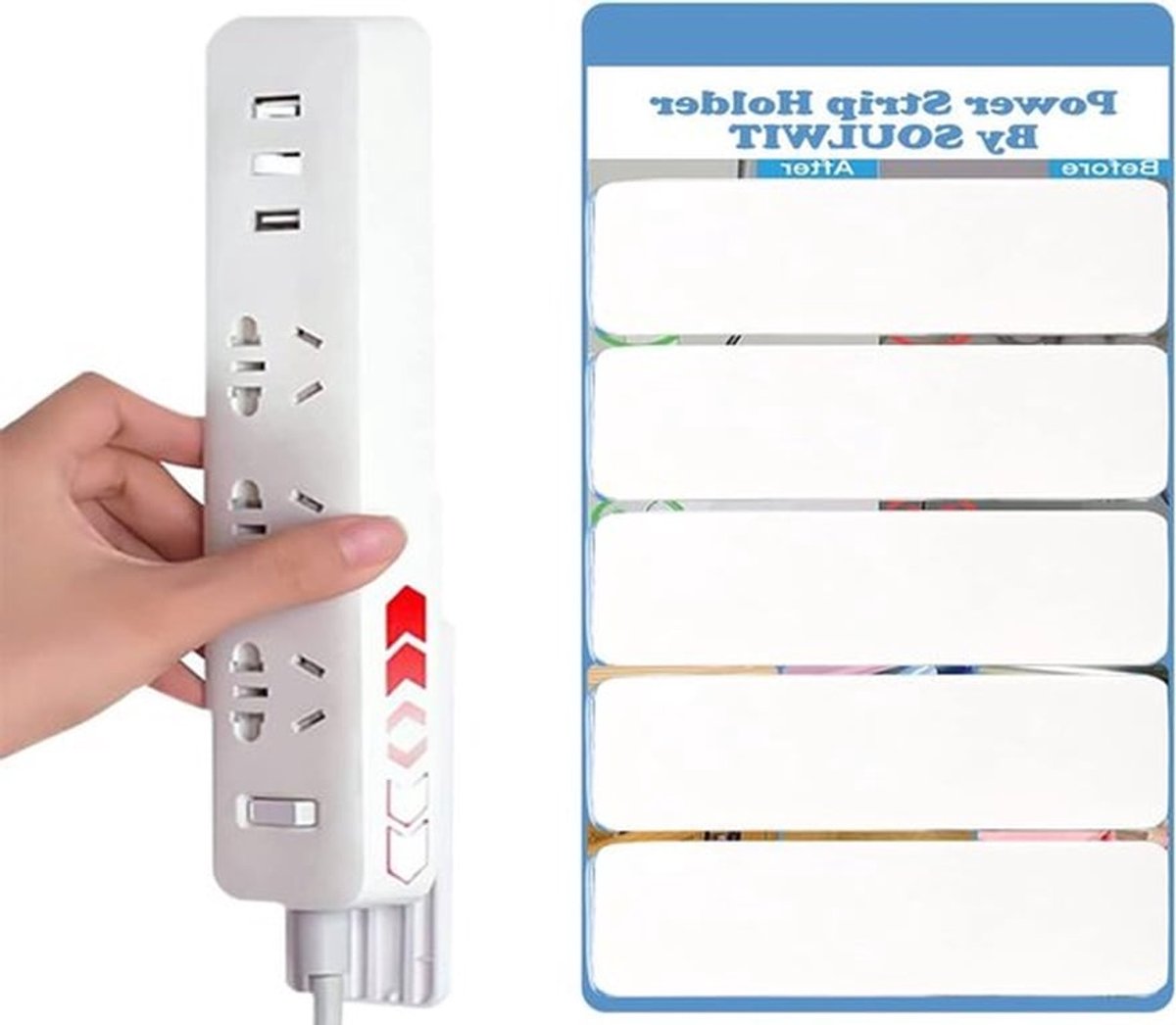 5-pack Zelfklevende Stekkerdoos Houder, Overspanningsbeveiliging, Muurbevestiging voor Kabelbeheer onder Bureau, Ideaal voor Thuis en Kantoor