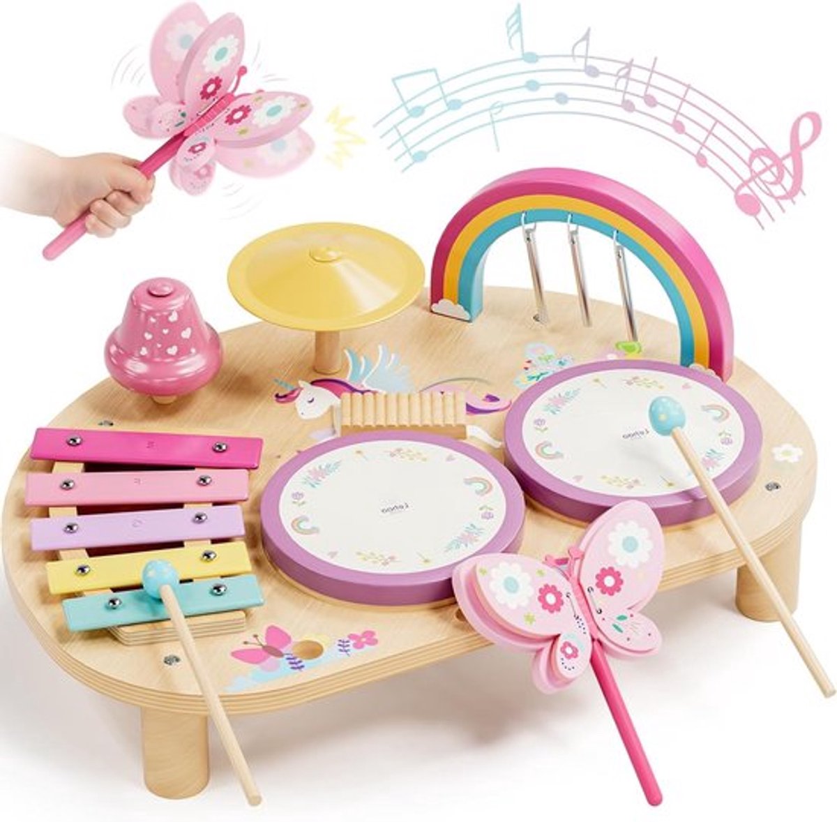Houten Trommelset voor Kinderen van 1-3 Jaar, Educatief Muzikaal Speelgoed met Xylofoon en Trommel, Perfect voor Peuters en Kleuters