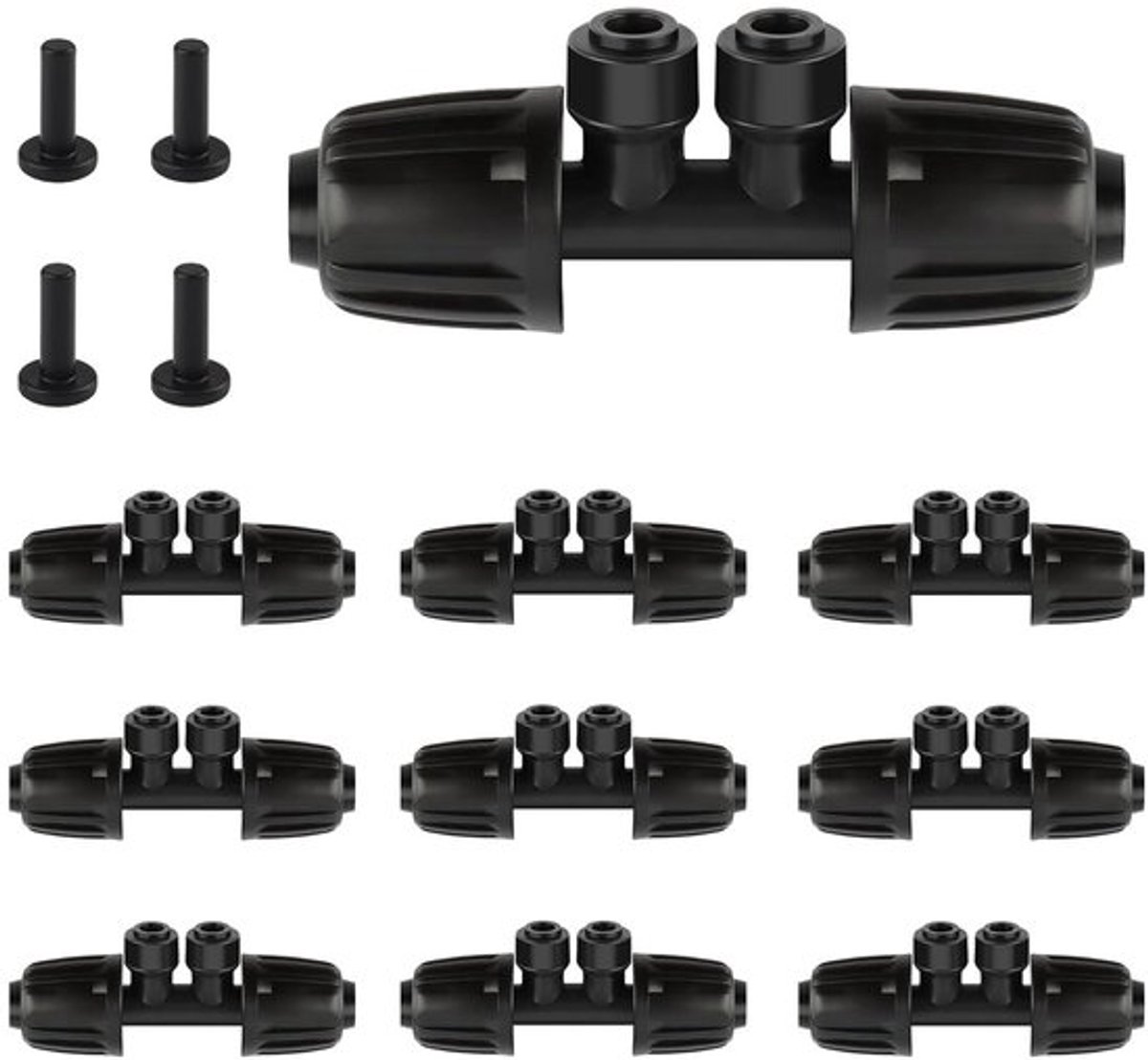 10 Stuks 1/2'' naar 1/4'' Barbed Tee Snelkoppeling, Drip Irrigation Fittingen voor Waterbesparing, Antilek Splitter voor Irrigatiebuizen met 4-Weg Connector en 4 Stoppen