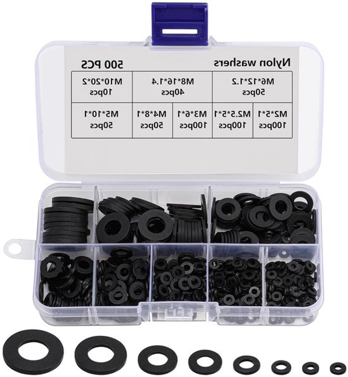 500 Stuks Plastic en Rubber Ringen, Zwarte Platte Ringen voor Industriële Bevestiging en Mechanische Toepassingen, M2 tot M10
