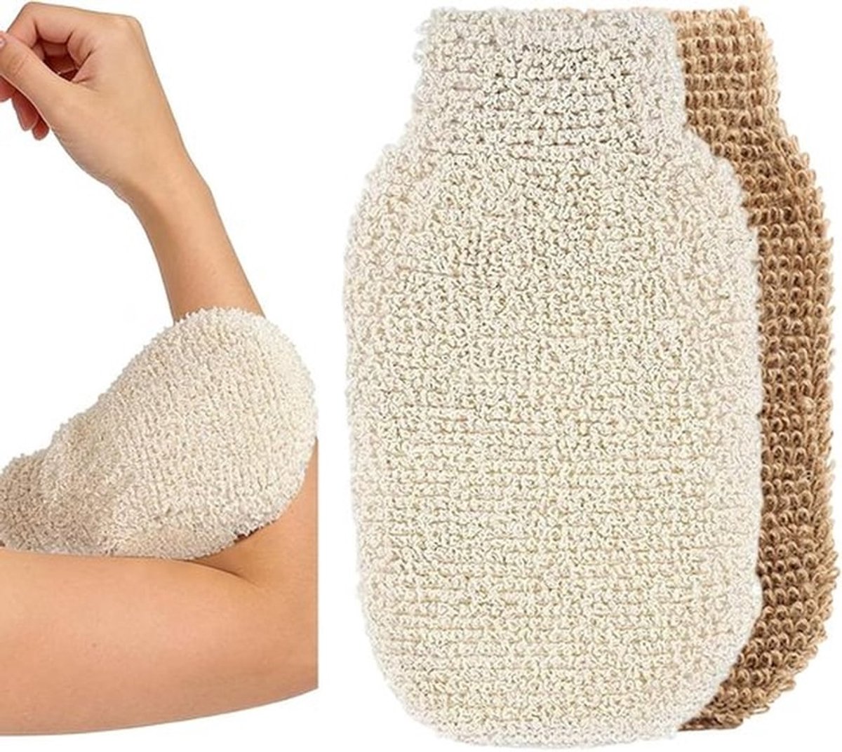 Set van 2 exfoliërende handschoenen van natuurlijke vezels voor het verwijderen van dode huidcellen, massage en een stralende huid