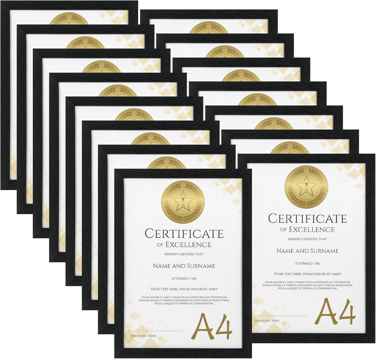 SnelShoppen - Set van 15 A4 Fotolijsten Zwart voor Certificaten, Documenten, Posters en Foto's - Perfect voor Muur of Tafel