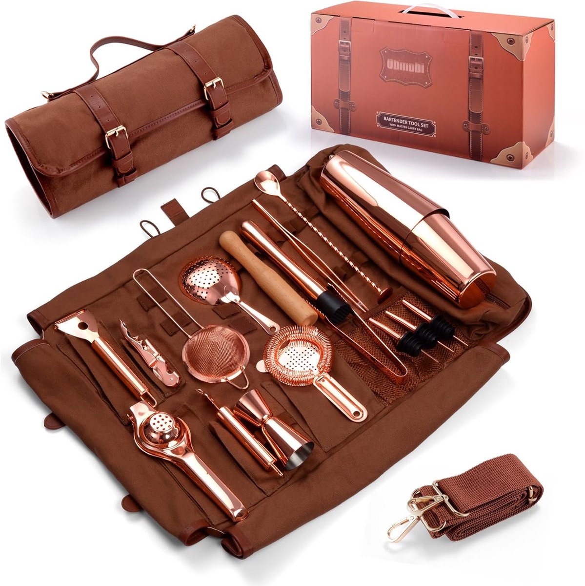 SnelShoppen - Travel Bartender Kit - 17-delige Koperen Barset met Cocktailshaker, Draagtas van Waxy Canvas met Schouderriem voor Bartenders, Feesten,