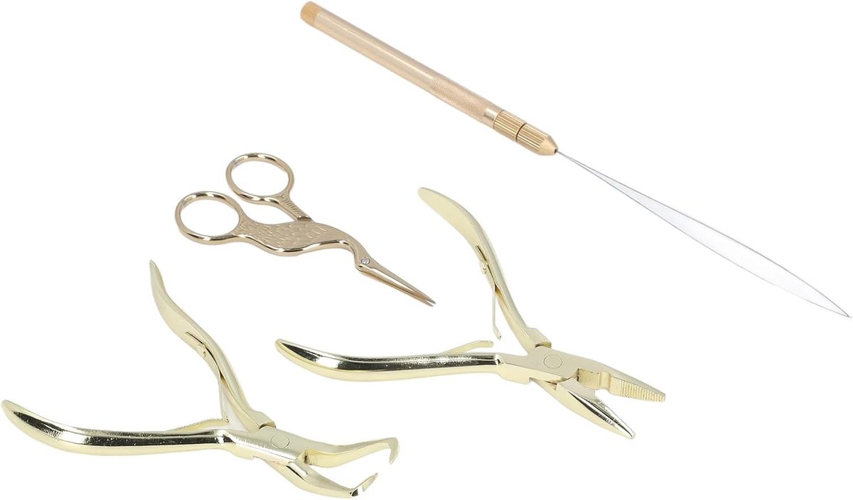 SnelShoppen - Hair Extension Tools Set met Pliers, Wire Loop, Beads en Crochet voor Professionele Microlink Haar Extensions, 4 Stuks (Goud)
