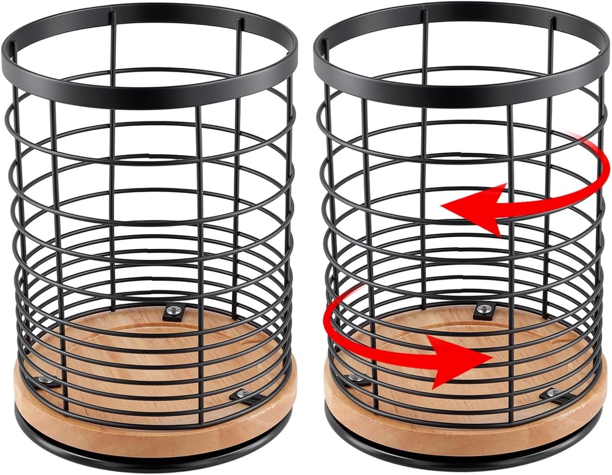 Set van 2 Draaiende Keukenhulpmiddelen Organizers, 13.5 x 18.5 cm, Zwart, Metaal en Hout, Keukenaccessoires Opbergoplossing, Keuken Gereedschap Houder