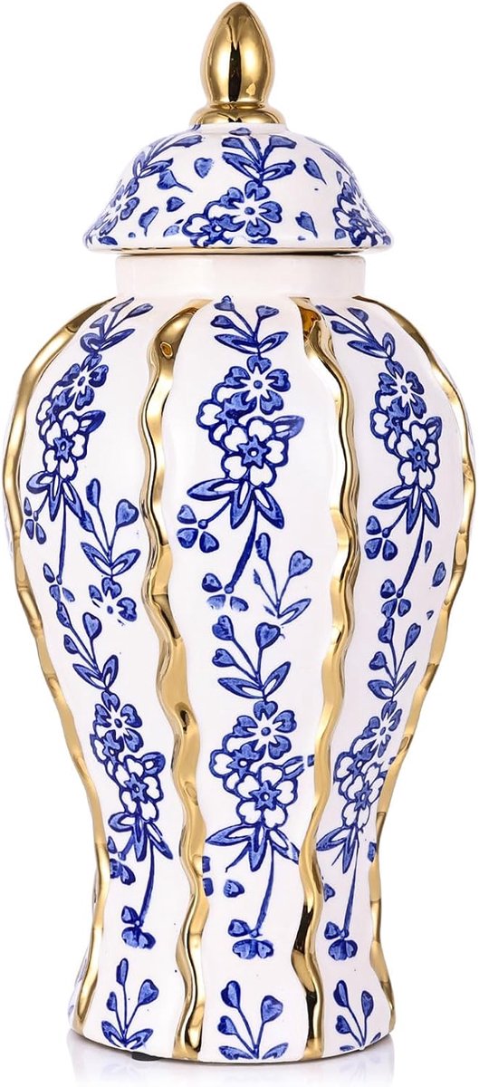 SnelShoppen - Luxe Witte Gouden en Blauwe Keramische Gemberpot Vaasje met Deksel - Moderne Geometrische Decoratieve Vaasje voor Woondecoratie, Woonkam