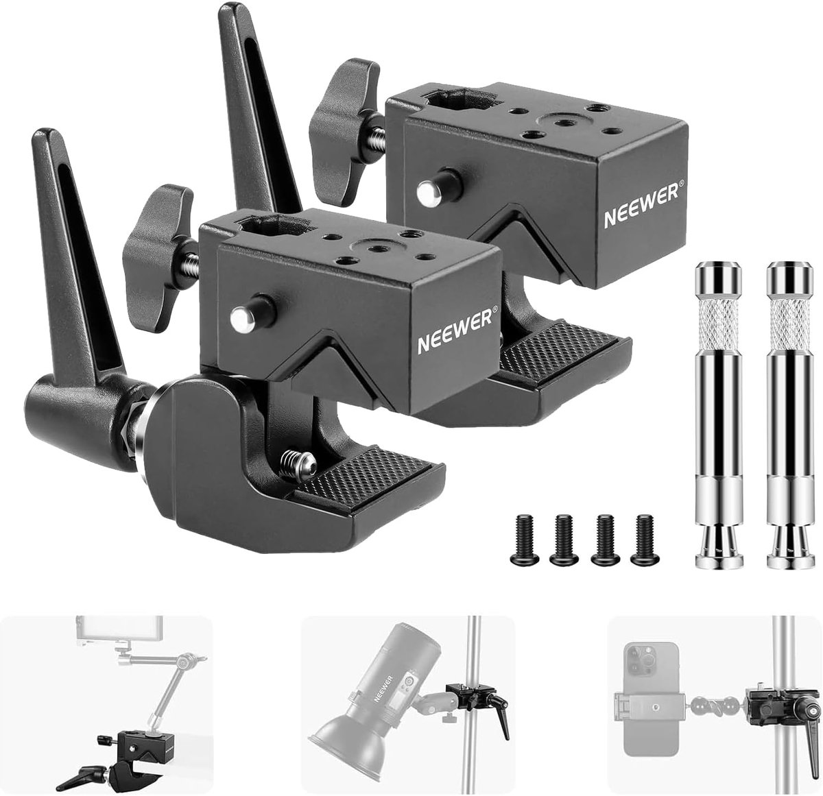SnelShoppen - 2 Stuks Super Klem met 5/8 Inch Stud, Veerlock, 6cm Grip, Zware Klem voor Ronde Buizen en Vlakke Oppervlakken, Voor Fotografie Studio Ca