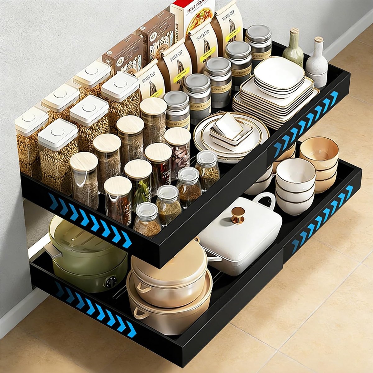 SnelShoppen - 2 stuks uittrekbare lades met railsysteem, zonder boren, verstelbare breedte 32-52 cm, extra stabiel en hoog laadvermogen, universele ke