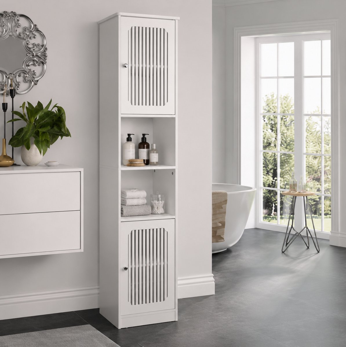 FloraGrace Kast - Hoge Badkamerkast Met Lamellendeuren En Verstelbare Planken - Smalle Staande Opbergkast Voor Badkamer - Wit - 36x30x163 Cm