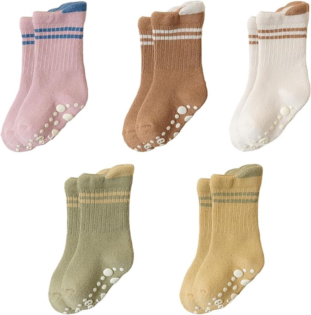 Set van 5 paren gestreepte rib antislip mid-kalf babysokjes maat S voor baby’s 0 tot 1 jaar (voetlengte 9-11 cm), zacht katoen vloersokjes met siliconen nopjes op de zool voor veilig kruipen en lopen thuis