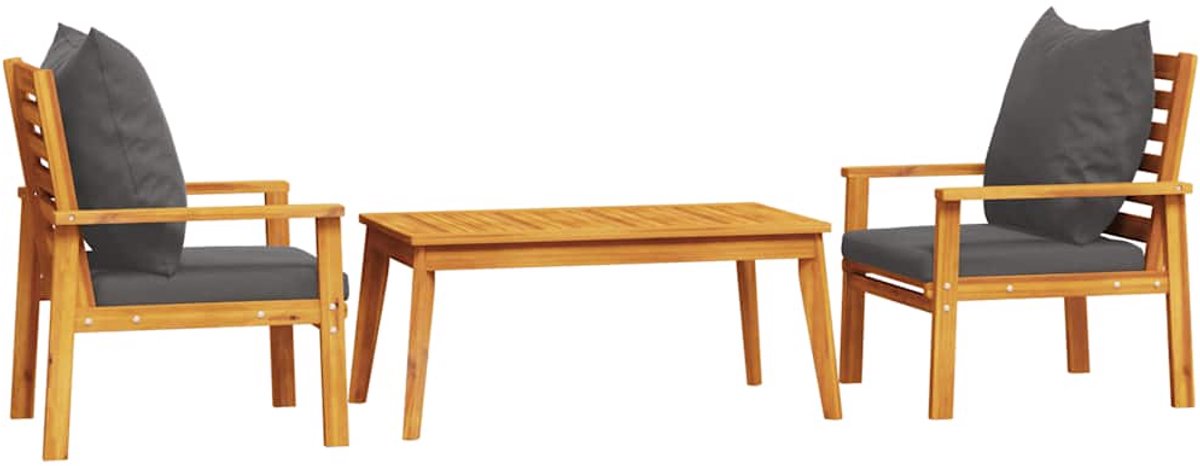 vidaXL 3-delige - Loungeset - met - kussens - massief - acaciahout donkergrijs