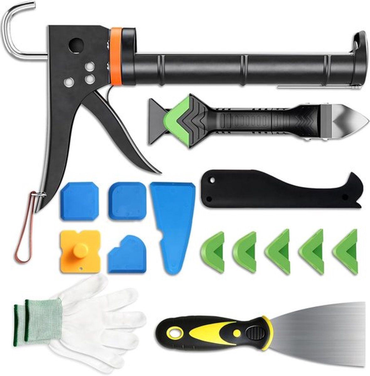 Professionele Siliconen Kit met 15 Onderdelen, Inclusief Spuitpistool, Voegen Schraper en Handschoenen voor Klusprojecten