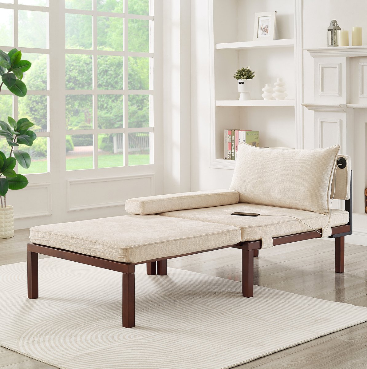 MEUNIQ beige slaapbank voor 1 persoon, uitklapbaar tot bed, met USB- en Type-C-aansluiting, velvet bekleding en houten frame voor woonkamer of studeerkamer