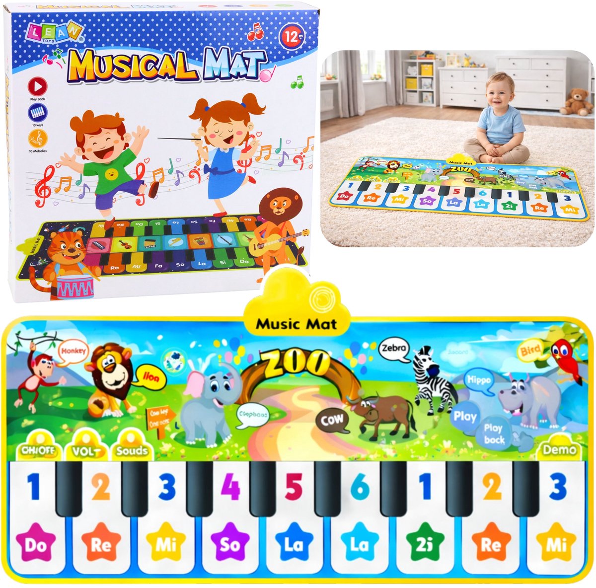 Interactieve dansmat Piano Dierentuin Dieren 10 Melodieën 126 Cm
