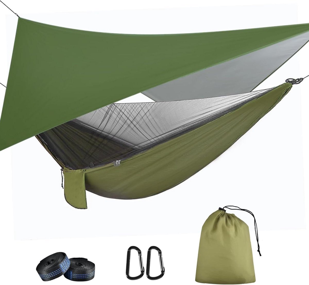 Hangmat met toebehoren - Kampeerhangmat Reis hangmat - Outdoor relaxen - Geïntegreerd muggennet - 290 x 140 cm - Legergroen