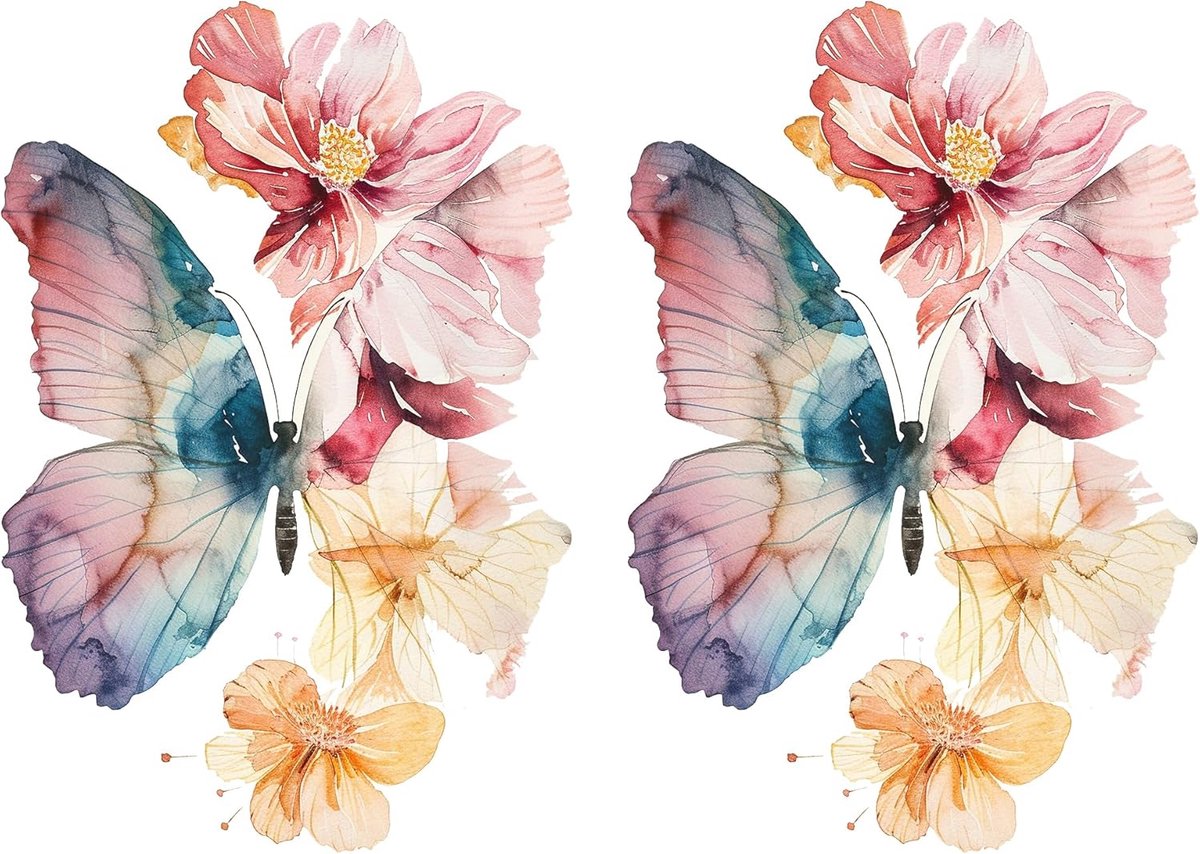 SnelShoppen - Vlinder en Bloemen Muurstickers Roze - Decoratieve Plakstickers voor Slaapkamer en Woonkamer - Aquarel Design - 2 Stuks - Waterdicht Zel