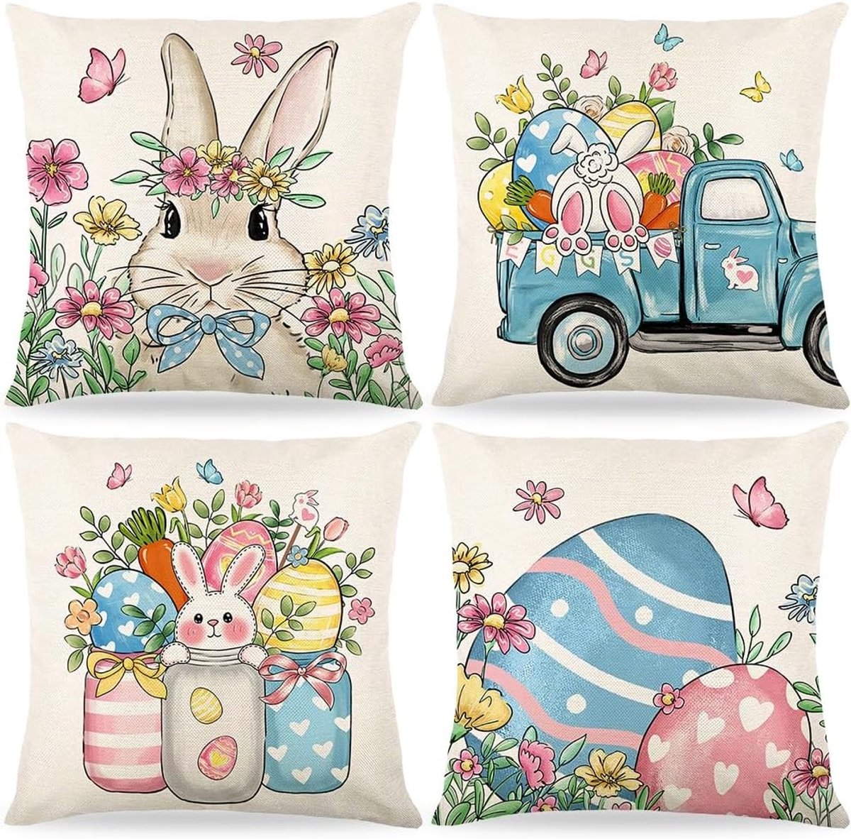 Linnen Kussenhoezen voor Pasen - 4 x 40 cm Decoratie met Konijn en Paasei voor Sofa en Woonkamer