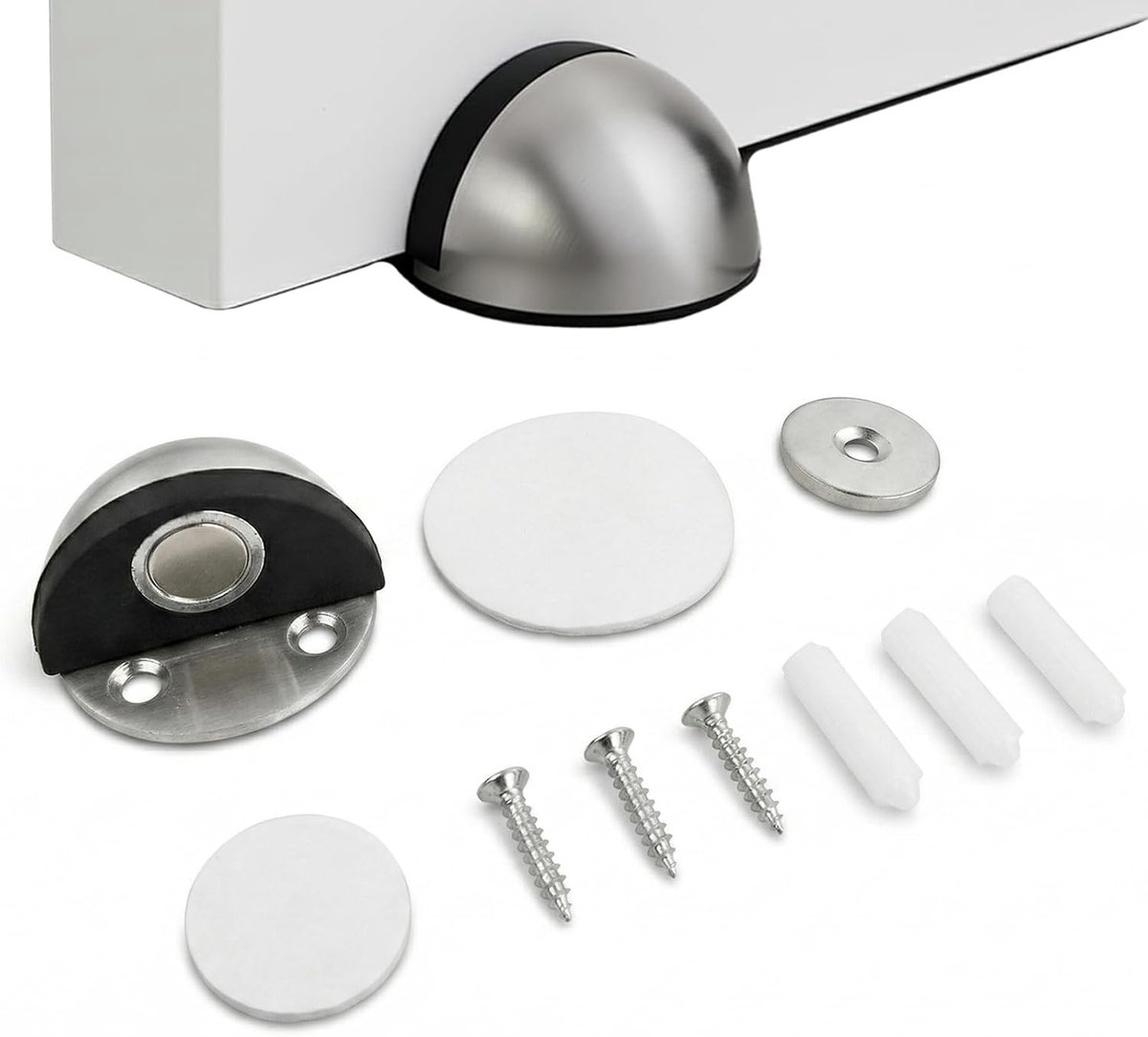 SnelShoppen - 2-in-1 deurstopper magnetisch roestvrij staal vloer deurstopper met rubberen buffer schroeven en lijmstopper geen boren nodig beschermin