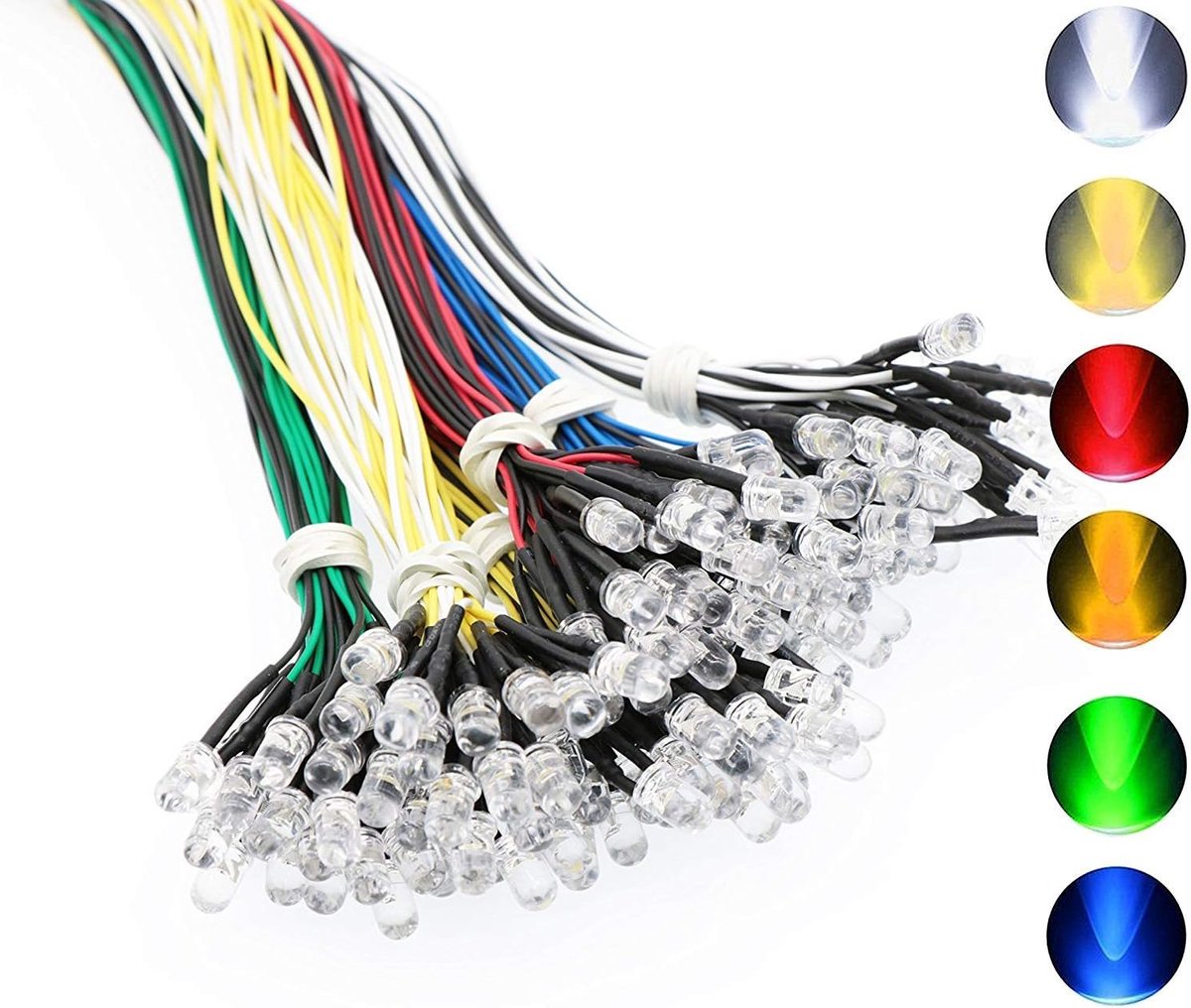 SnelShoppen - 120 Stuks Vorverdrahtete LED Dioden 12V 5mm Licht, 20cm Draden in Rood, Geel, Groen, Blauw, Wit, Warm Wit voor Feest, Decoratie, DIY, Tu