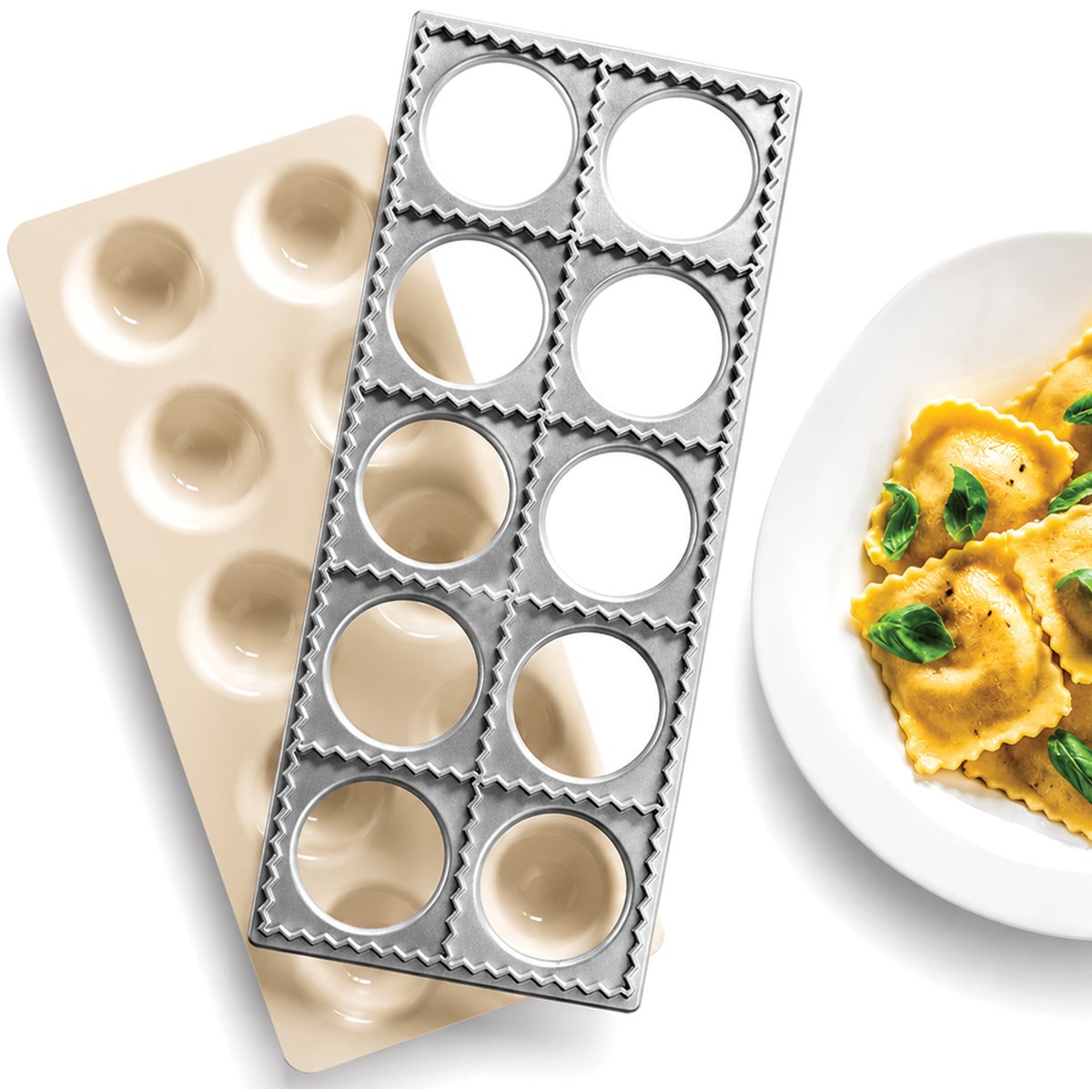 Bondoo Raviolimaker - Ravioli vorm - Pasta maker - Ravioli mal - Ravioli uitsteker - Ravioli snijder - Ravioli maker - Ravioliplank - Ravioli stamper - Ravioli plank - 6.4cm ravioli 10 stuks - Zilver