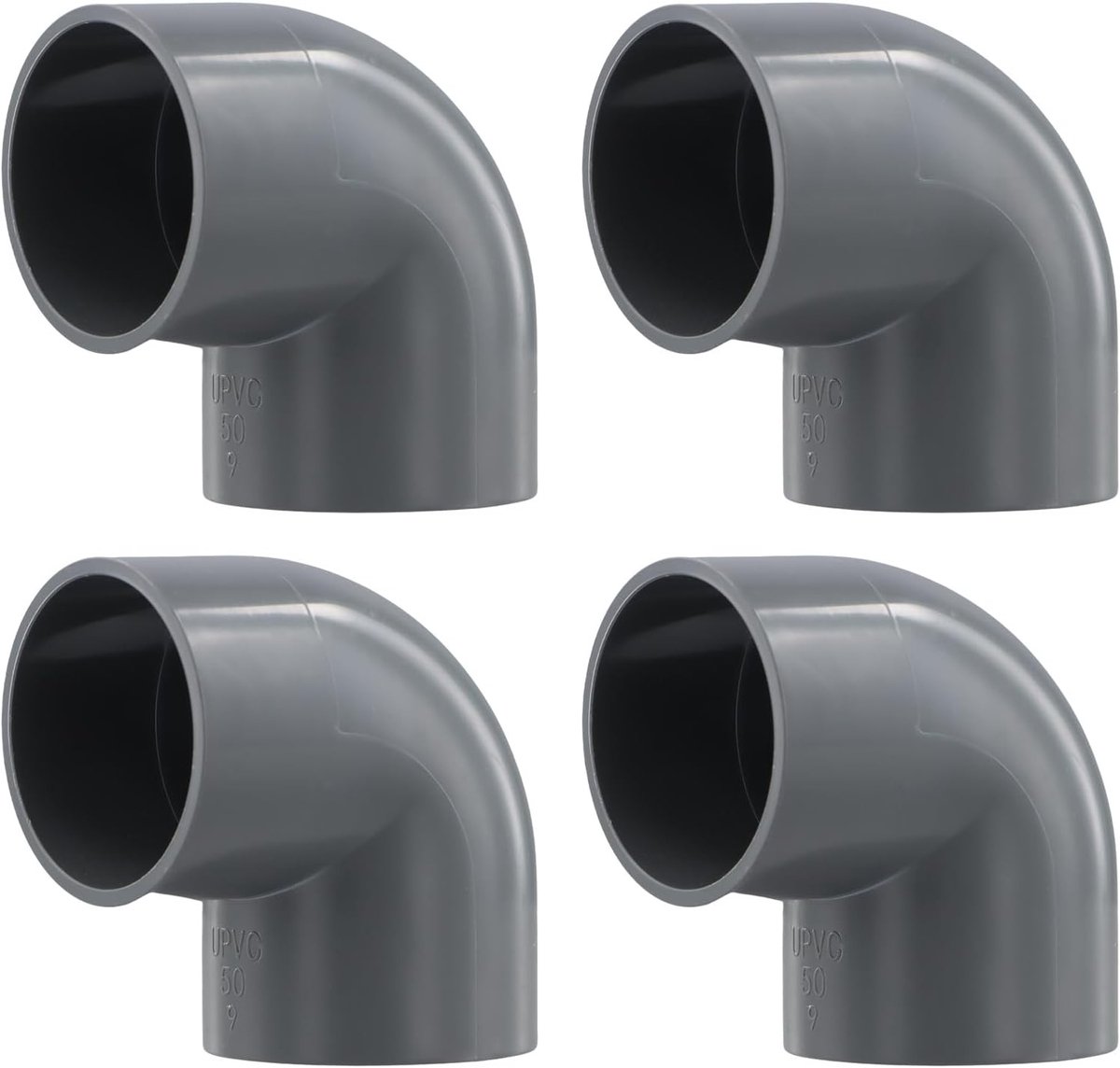 Set van 4 PVC Hoekverbinders 90°, 50 mm Grijze PVC Verbinders voor Slangen, Buizen en Zwembaden, Ideaal voor Waterafvoer en Tuinprojecten