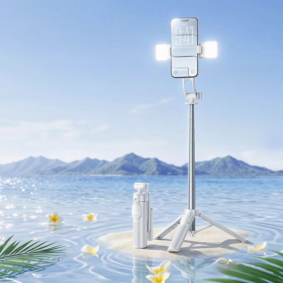 Namajunas - Mini selfiestick - Tripod - Met afneembare dubbele beauty lampen - 20 meter bluetooth afstandsbediening - 360° draaibaar en verstelbaar - 180° op- en neerwaartse hoek - Ultralight carbon staal - Compact en draagbaar - Universeel