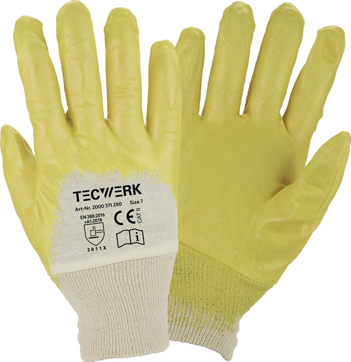 Handschoenen lip maat 7 geel nitrilcoating EN 388 PBM II TECWERK