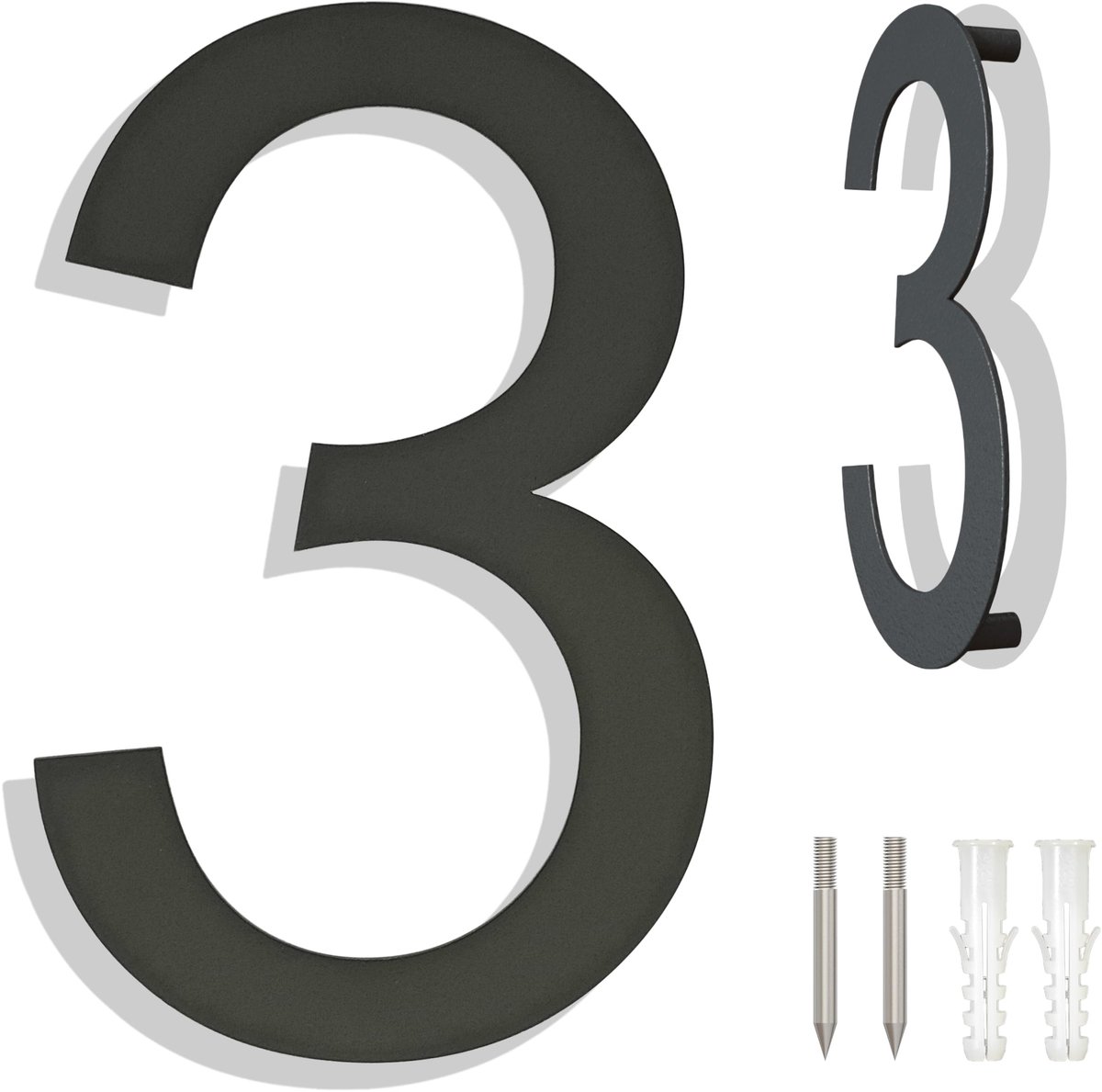 Solidchoice - Grote geborstelde roestvrijstalen huisnummers - 8 inch zwartgrijs (nummer 3)