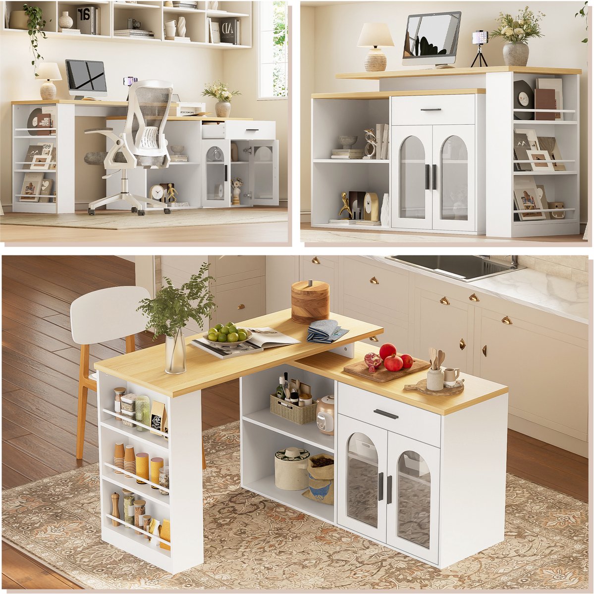 Clruro Keukeneiland - 136 × 50 × 78 cm - 360° Draaibaar met Lades - MDF - Wit